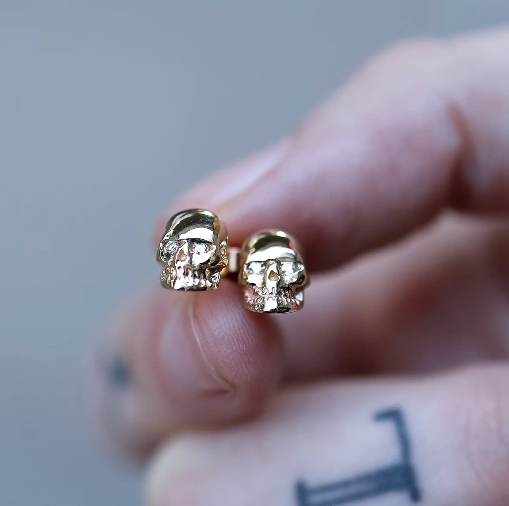 9ct Gold Skull Studs with White Diamonds (pair)