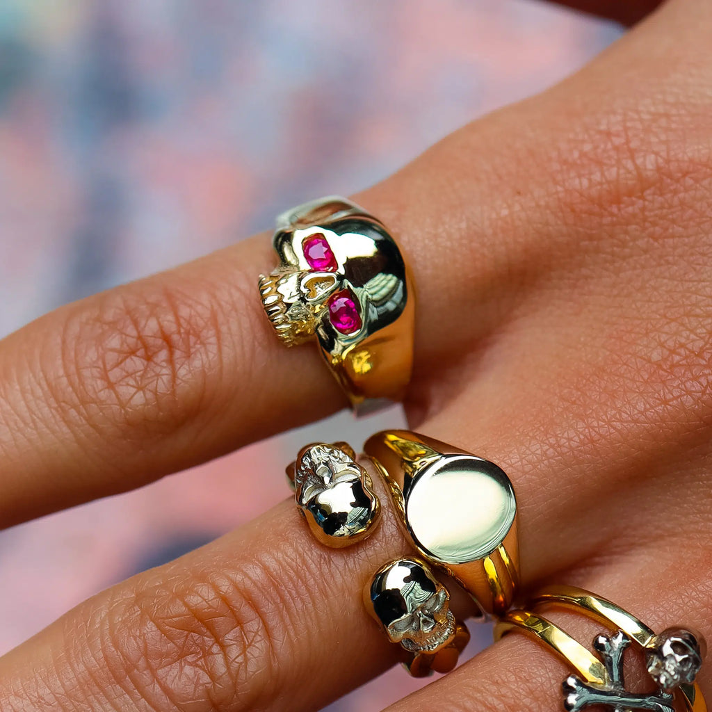 9ct Gold Smallest Evil Skull Ring with Ruby Eyes
