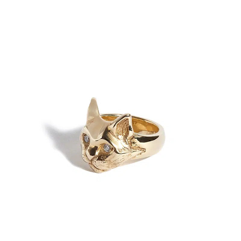 Solid 9ct Gold Cat Ring with Diamond Eyes