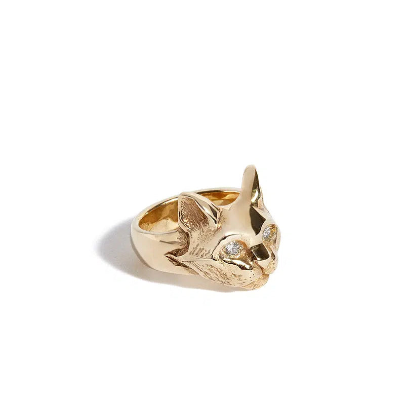 Solid 9ct Gold Cat Ring with Diamond Eyes