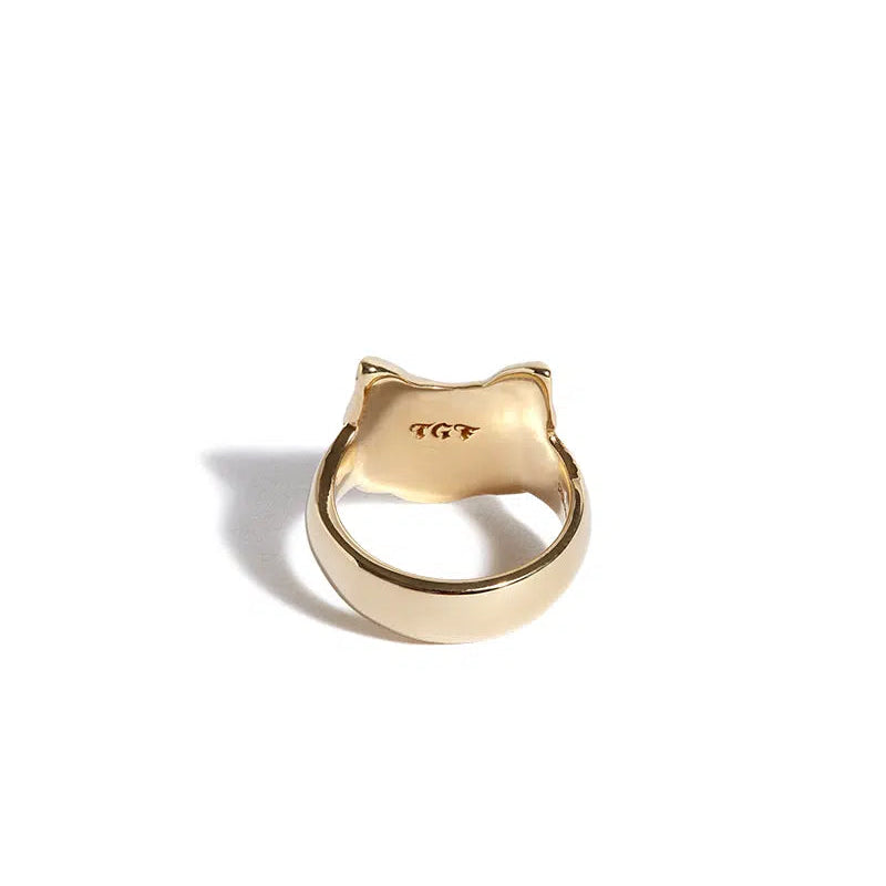 Solid 9ct Gold Cat Ring with Diamond Eyes