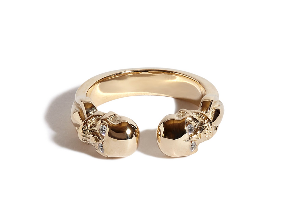 9ct Gold Double Headed Open Skull Band with Diamond Eyes