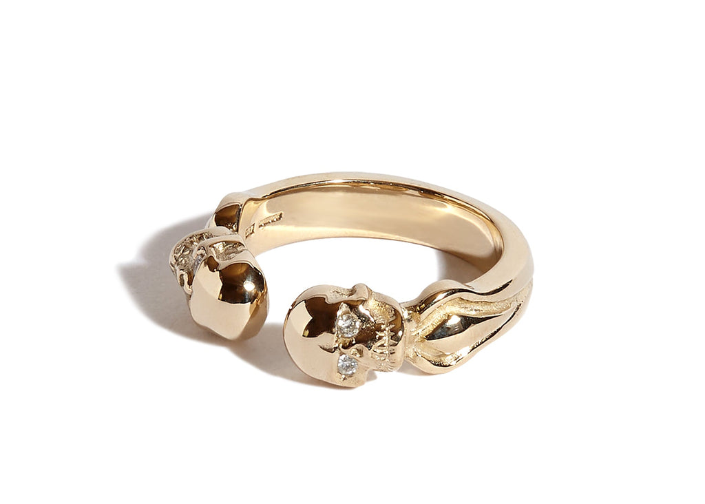 9ct Gold Double Headed Open Skull Band with Diamond Eyes