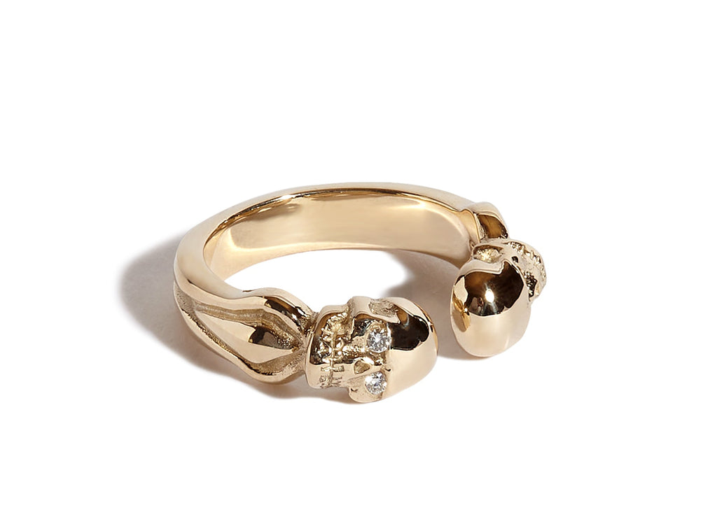 9ct Gold Double Headed Open Skull Band with Diamond Eyes