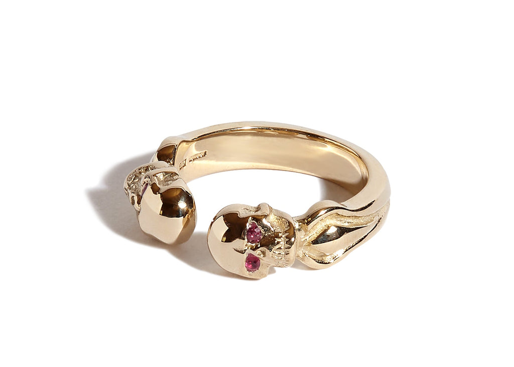 9ct Gold Double Headed Open Skull Band with Ruby Eyes