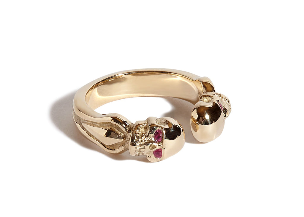 9ct Gold Double Headed Open Skull Band with Ruby Eyes