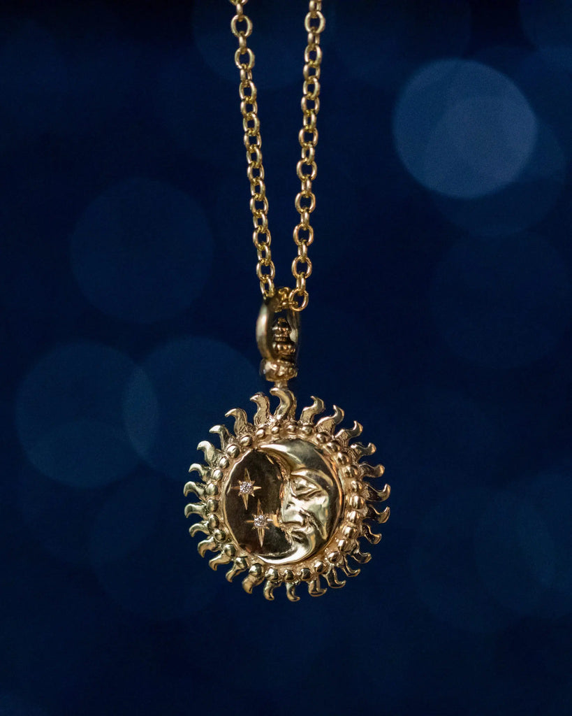 Solid 9ct Gold Sun, Moon and Stars Pendant with Diamonds