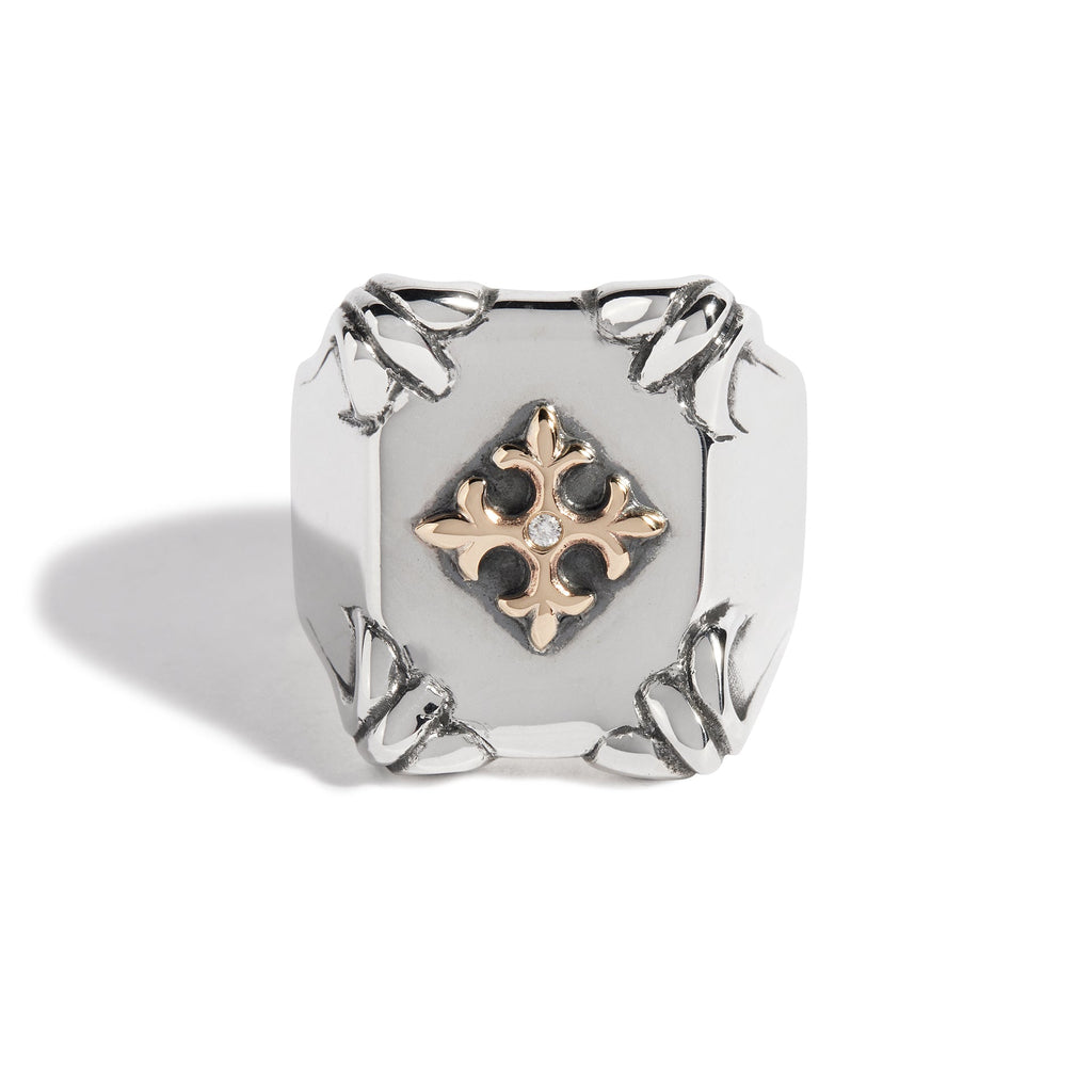 Shield Ring with 9ct Gold Fleur De Lis & Diamond