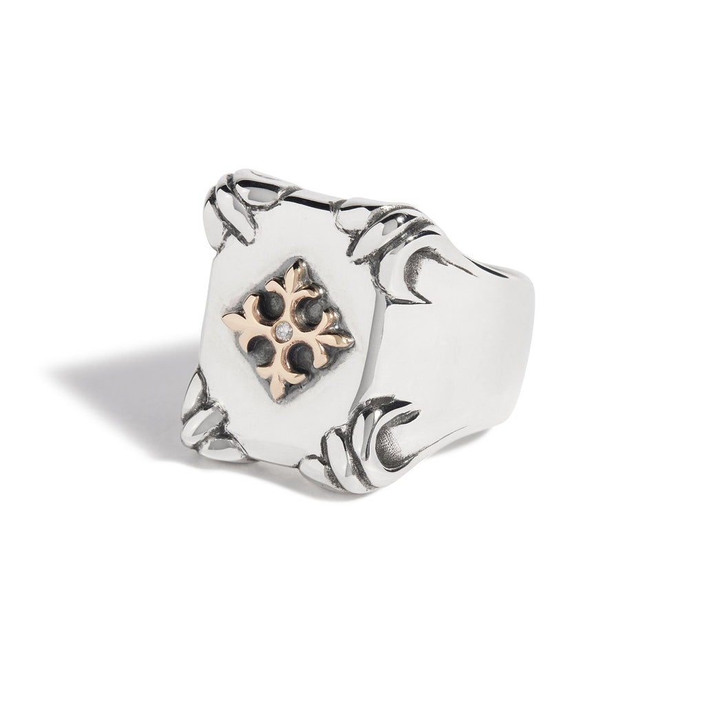 Shield Ring with 9ct Gold Fleur De Lis & Diamond