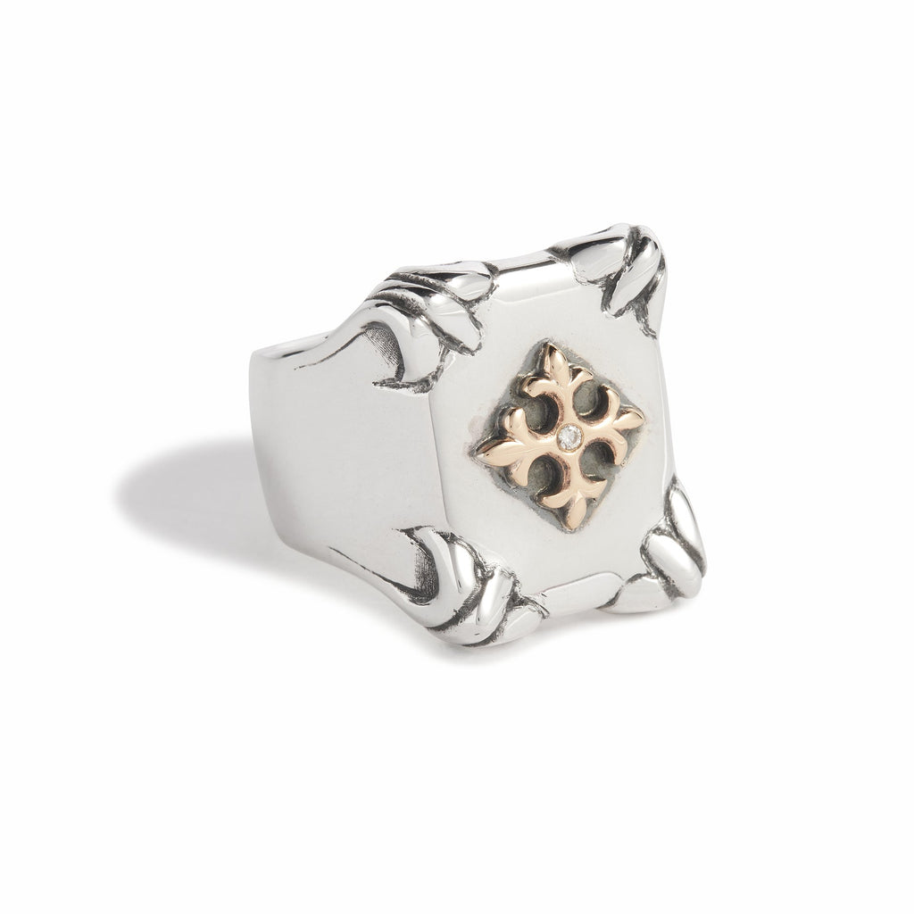 Shield Ring with 9ct Gold Fleur De Lis & Diamond