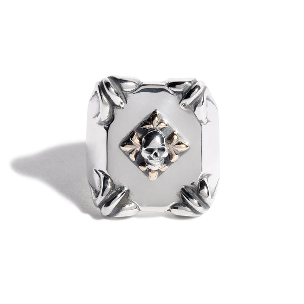 Shield Ring with 9ct Gold Fleur De Lis & Silver Skull