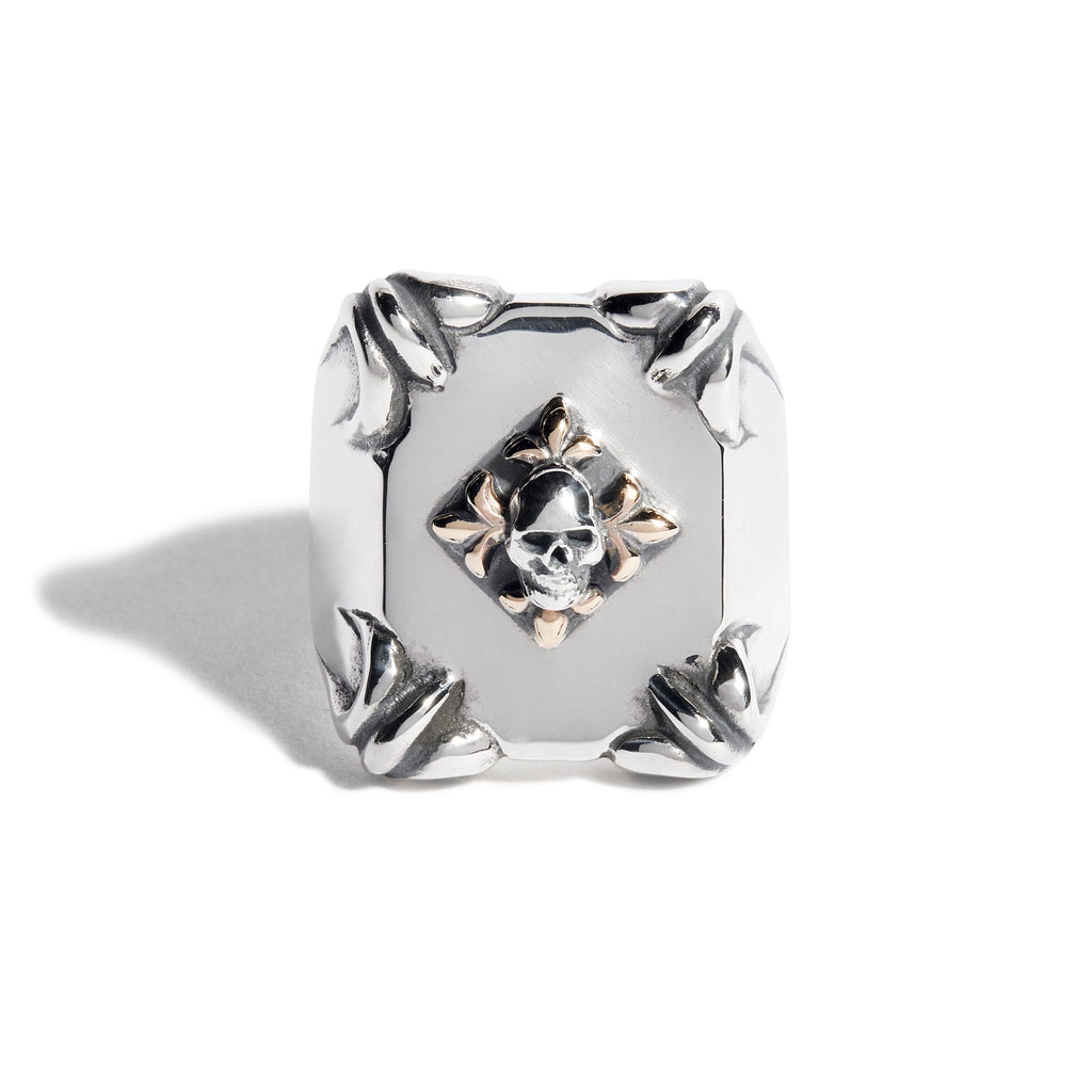 Shield Ring with 9ct Gold Fleur De Lis & Silver Skull
