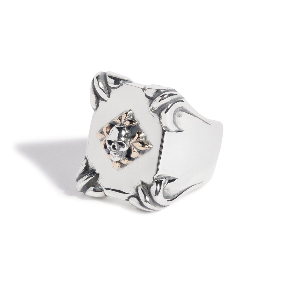 Shield Ring with 9ct Gold Fleur De Lis & Silver Skull