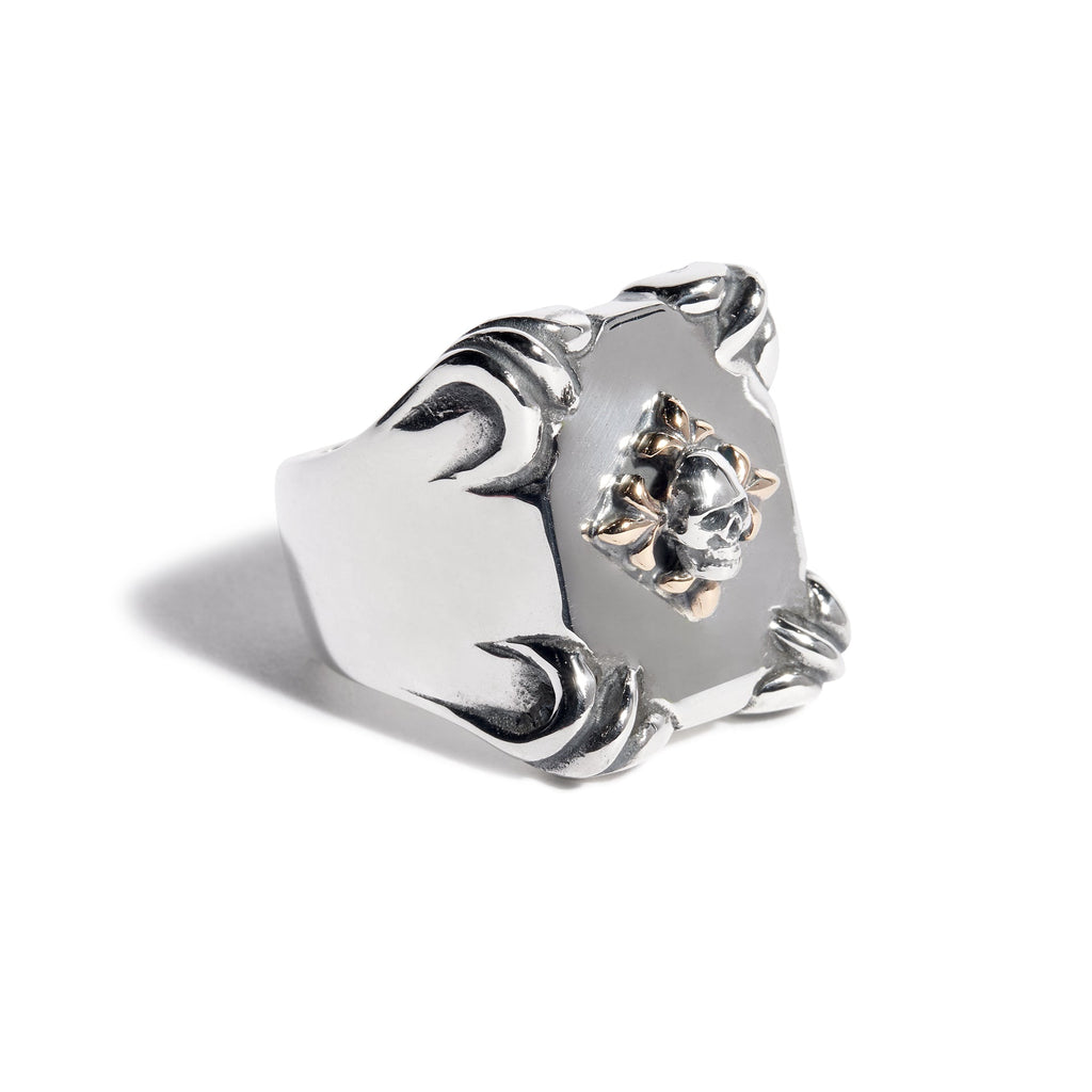 Shield Ring with 9ct Gold Fleur De Lis & Silver Skull