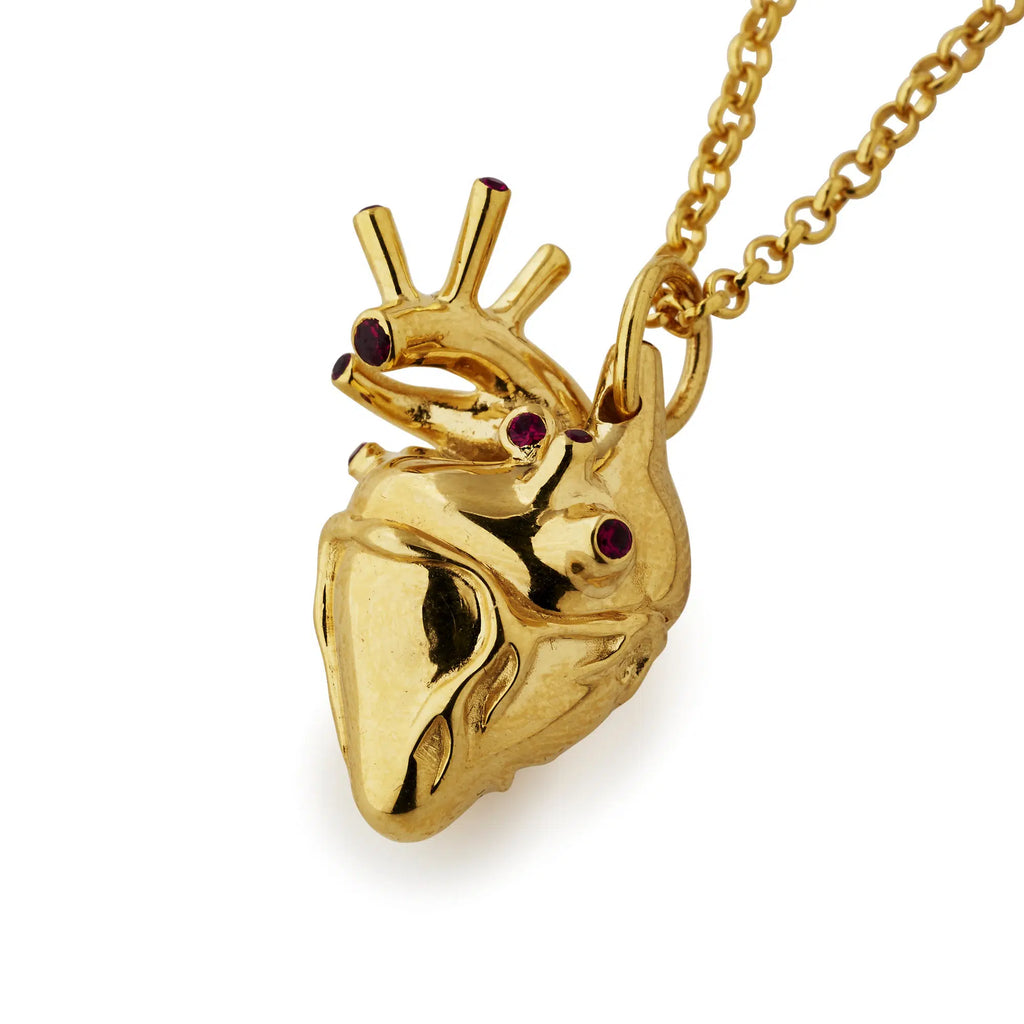 Large Gold Plated Anatomical Heart Necklace with Rubies