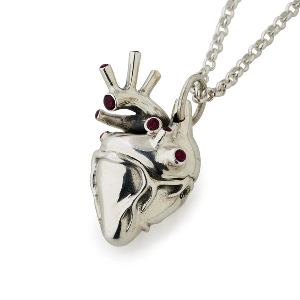 Large Silver Anatomical Heart Pendant with Rubies