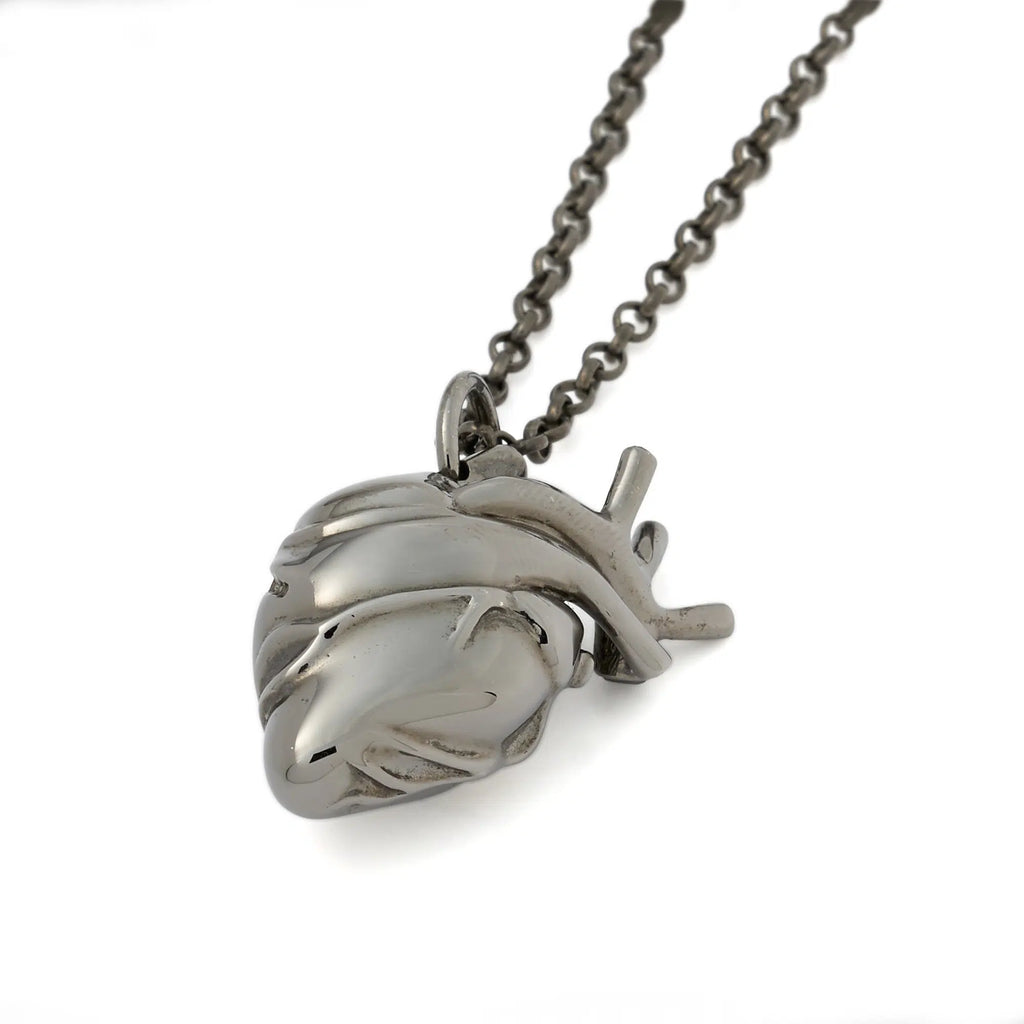 Rhodium Plated Anatomical Heart Necklace with Diamonds