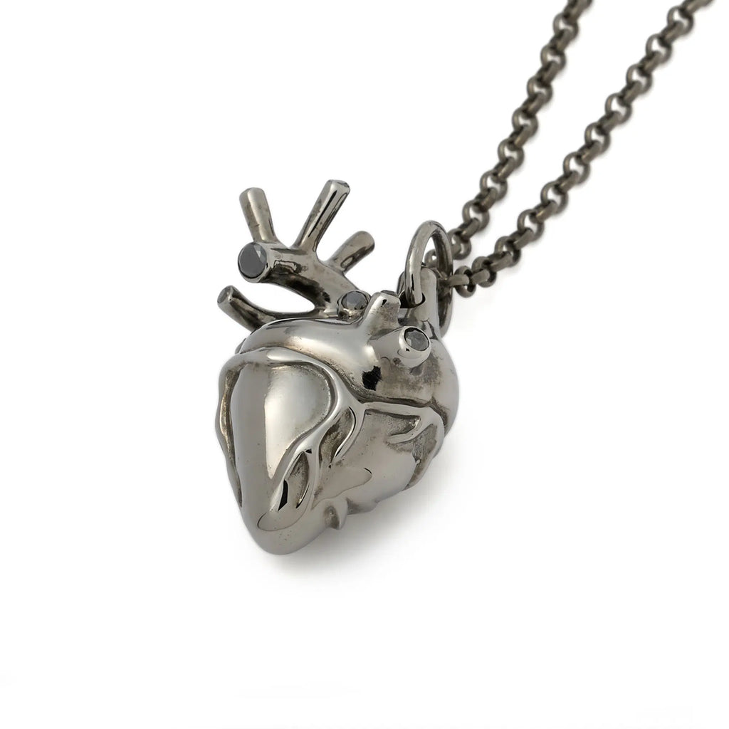 Rhodium Plated Anatomical Heart Necklace with Diamonds